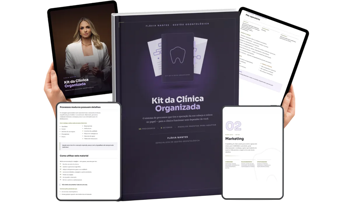 Mockup do Kit da Clínica Organizada com documentos de processos organizados por área